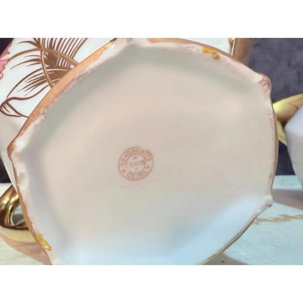 Vintage Hand Painted Porcelain Sugar Creamer Pink Carnation Gold